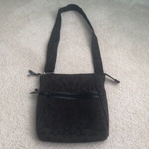 Thirty-one crossbody patterned black and brown bag with multiple zippers